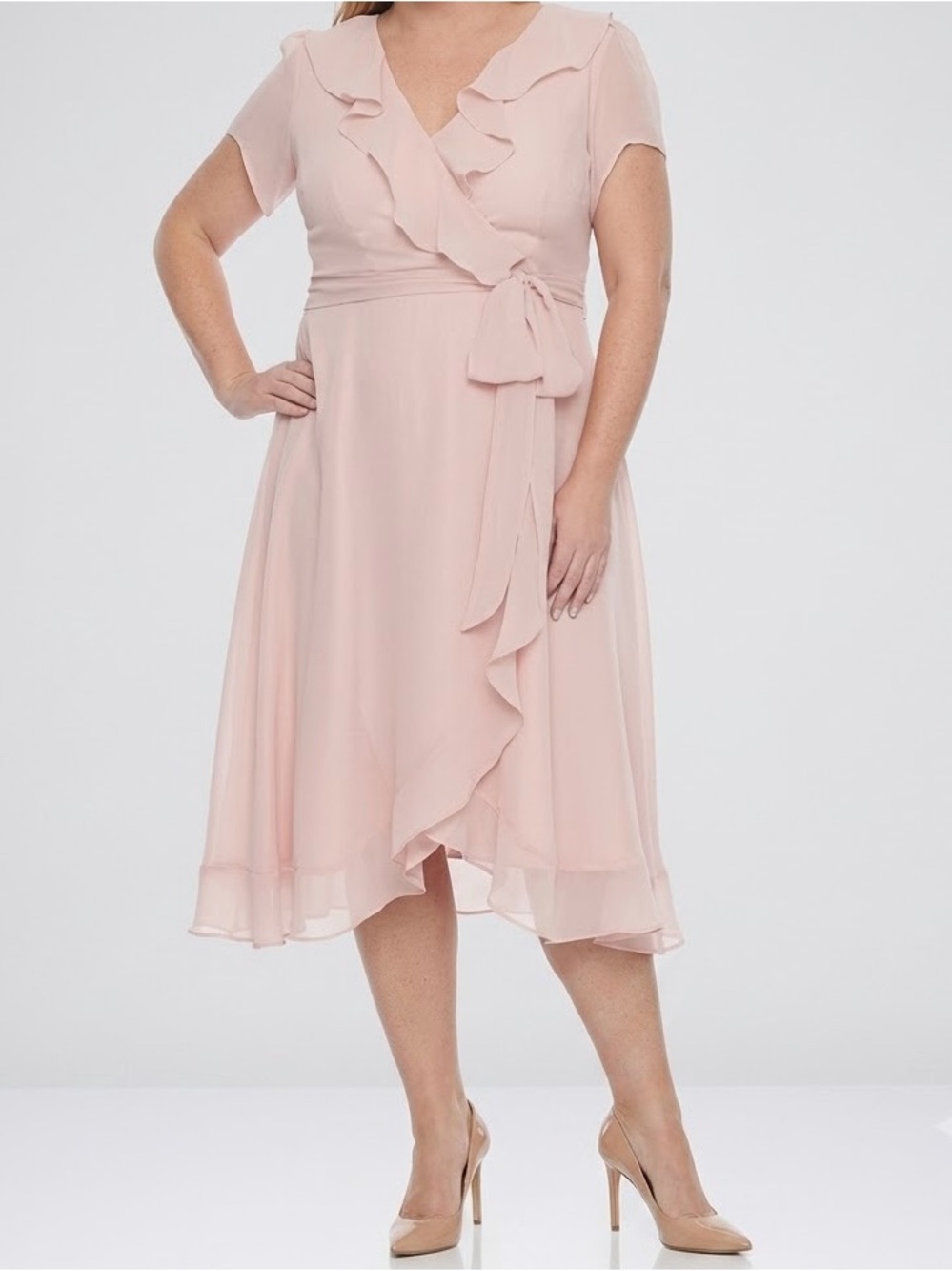 NEW Size 18W $79 Danny and Nicole Tea Rose Pale Pink Ruffled Chiffon Wrap Dress